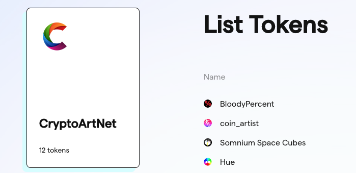 picture of "List Tokens" headline and CryptoArtNet colorful C logo