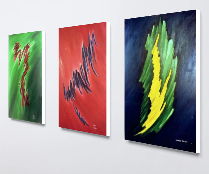 3 brightly colored paintings featuring a lightning bolt