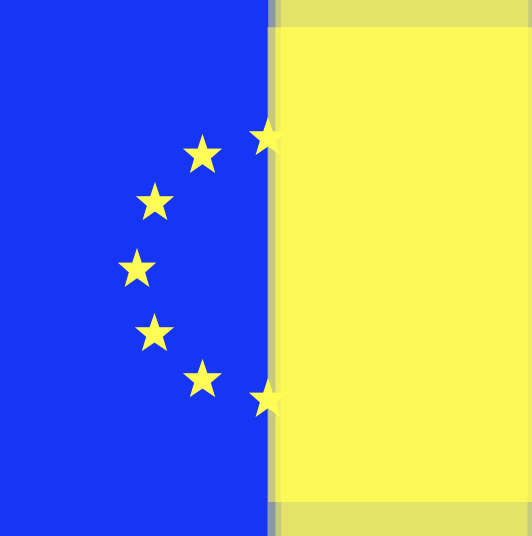 a flag composed of left half of European Union flag and right half of Ukraine flag